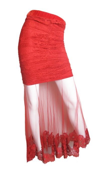 CHRISTIAN DIOR by GALLIANO Red lace skirt sheer hem