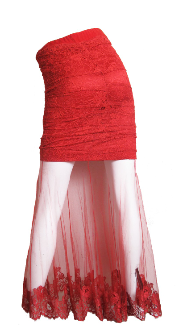 CHRISTIAN DIOR by GALLIANO Red lace skirt sheer hem