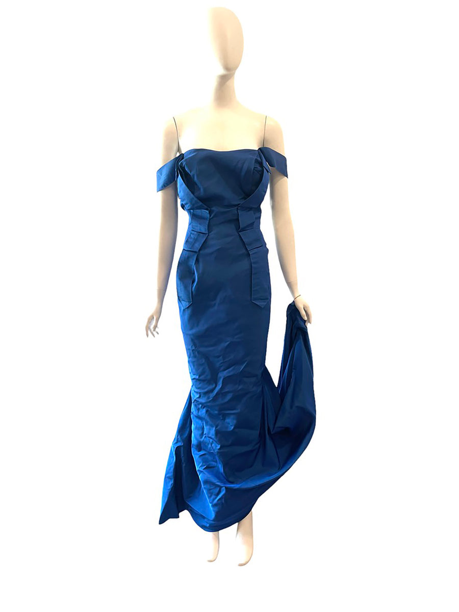 2011 VIVIENNE WESTWOOD blue silk off the shoulder gown