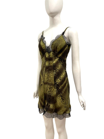 F/W 2004 Prada Silk Slip Mini Dress Green Lace Trim